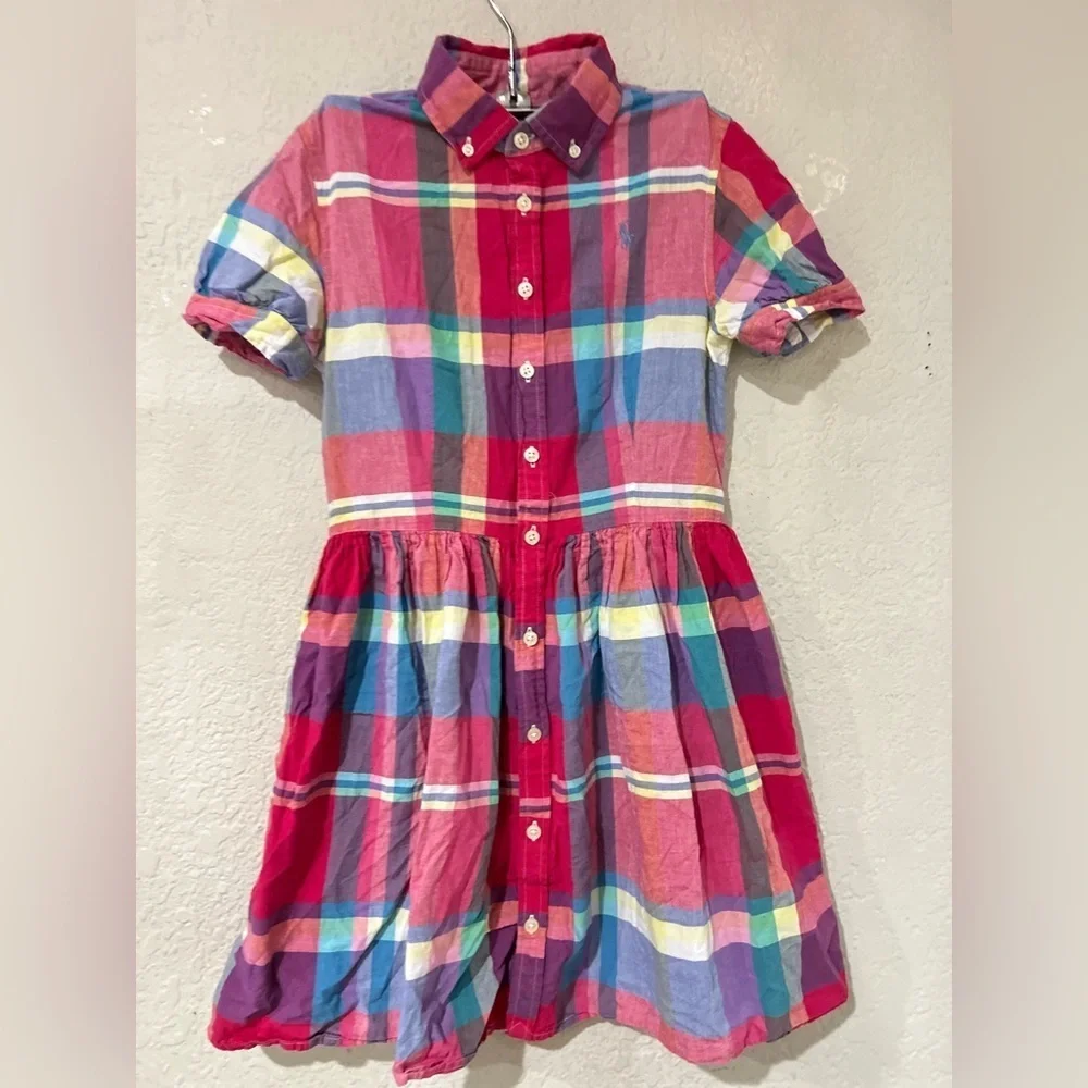 Ralph Lauren Kids Cotton Madras Chequered Dress in pink and blue size 12